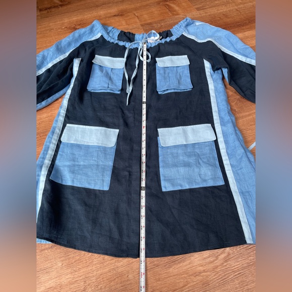 March 11 Eleven women’s 100% linen dress‎ LARGE patchwork blue peasant lagenlook - Picture 11 of 16